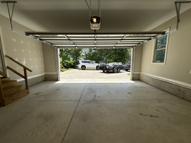 Our trailer parked outside a freshly cleaned garage in Southern Pines NC