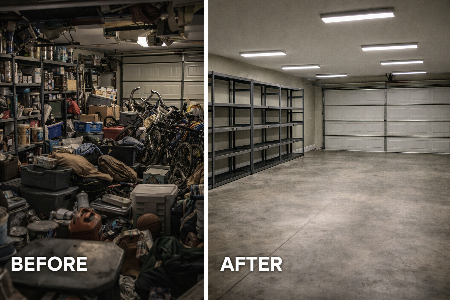 Garage cleanout before and after in Whispering Pines NC