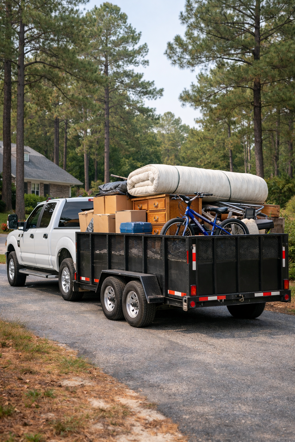 Junk removal truck and trailer loaded in Moore County NC